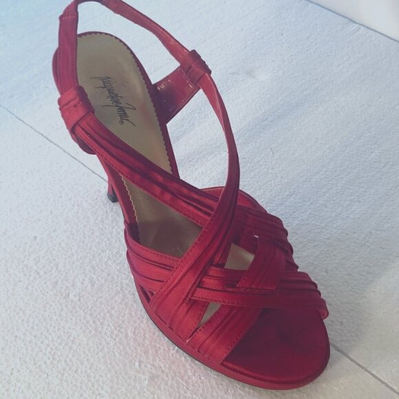 Jacqueline Ferrar SZ 9.5 Giselle Red Satin strappy high heel sandal formal - Picture 4 of 10